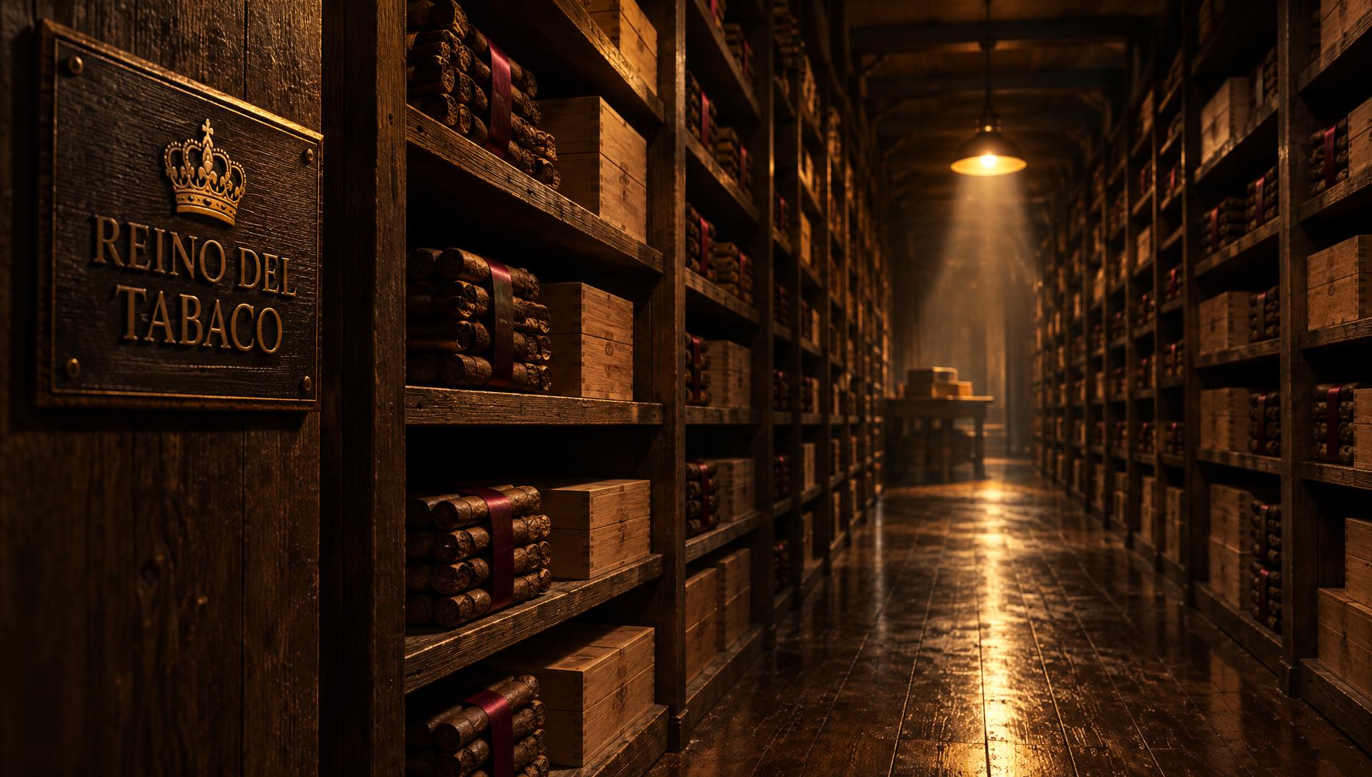 The Reino del Tabaco aging room in Estelí: a cedar corridor lit by a single amber lamp, a gold crown plaque reading Reino del Tabaco mounted on the left pillar