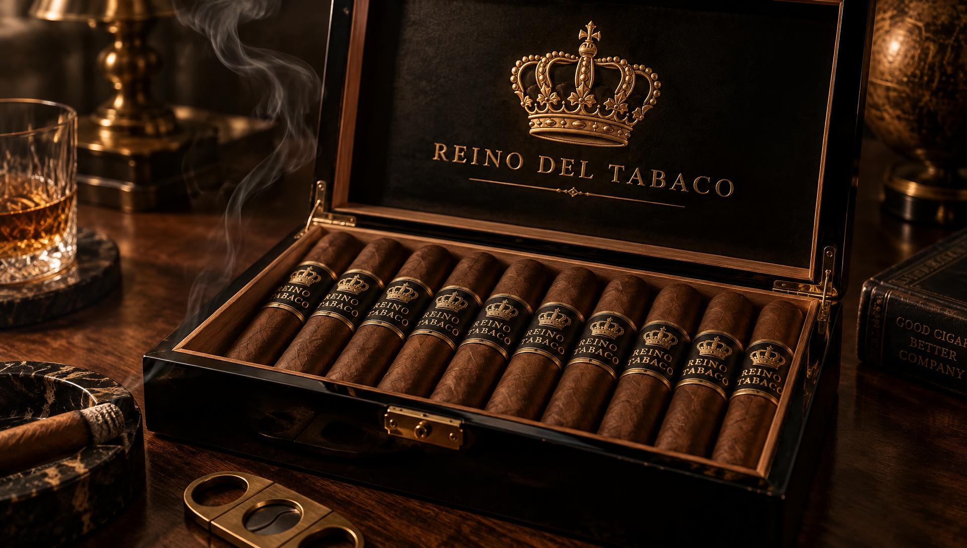 The black lacquered Reino del Tabaco box, crown and name in gold inside the lid, over crown-banded cigars