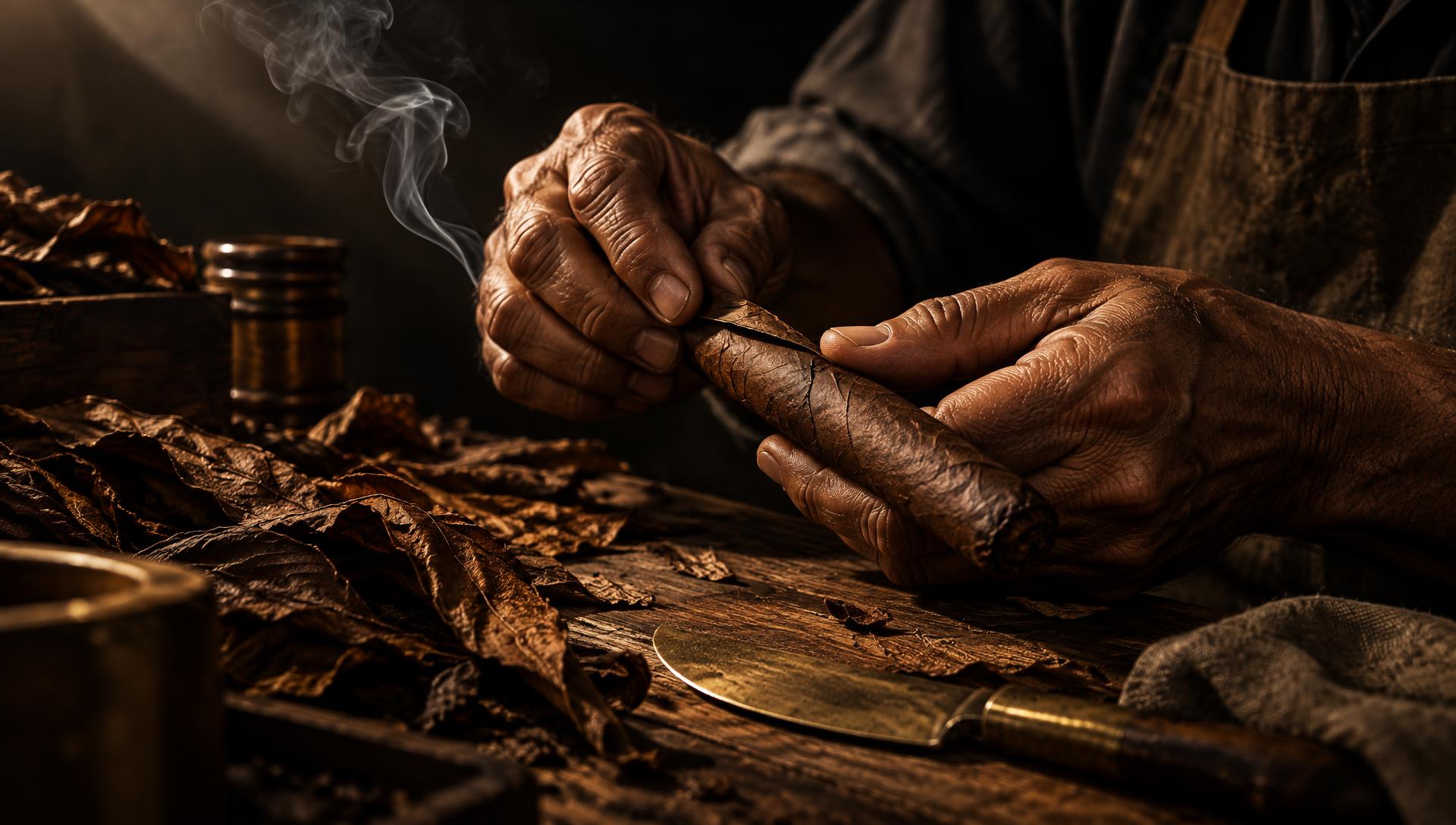 Hands rolling a cigar from cured tobacco leaves on a dark wooden table