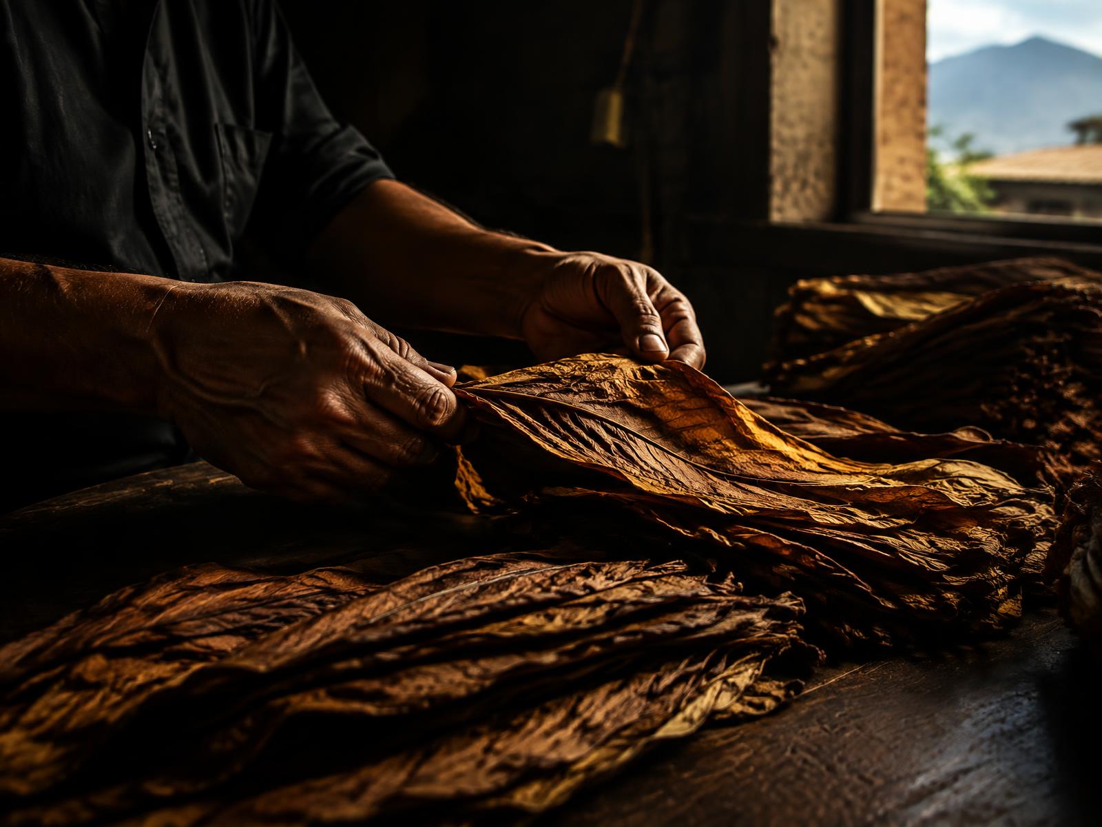 Hands sorting golden tobacco leaves in a dim workshop