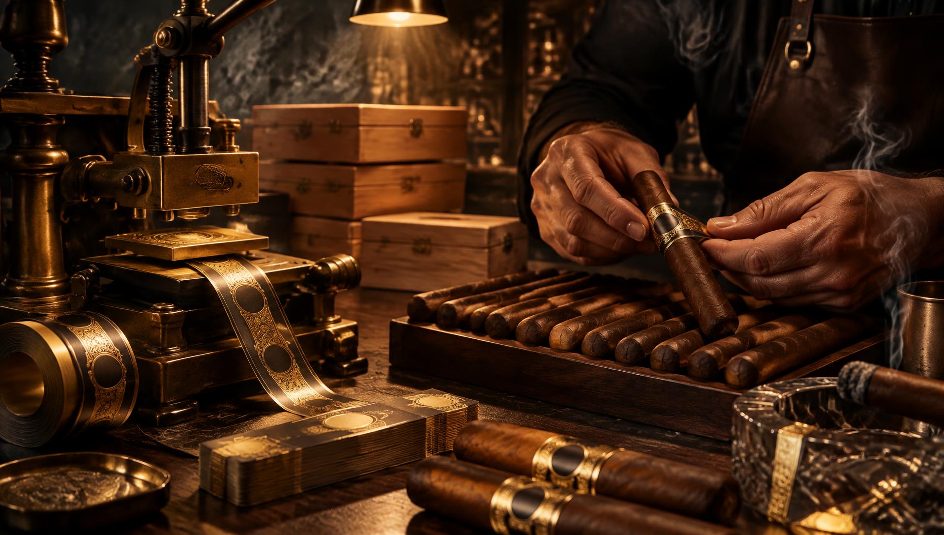 A craftsman fitting a gold-foiled custom band beside a brass foil press and cedar boxes