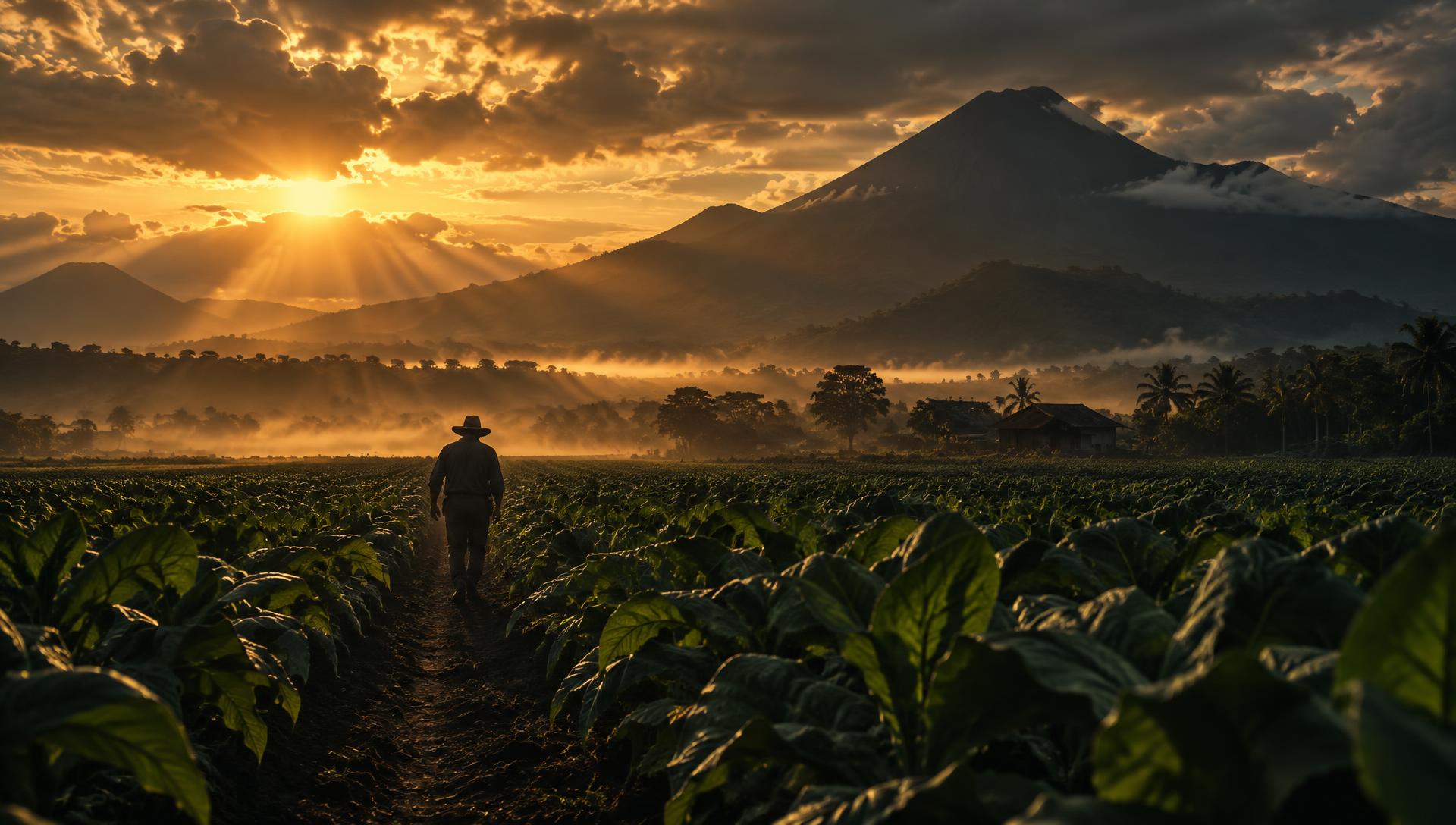 A lone figure walking through tobacco fields at dawn, god-rays breaking over volcanic mountains